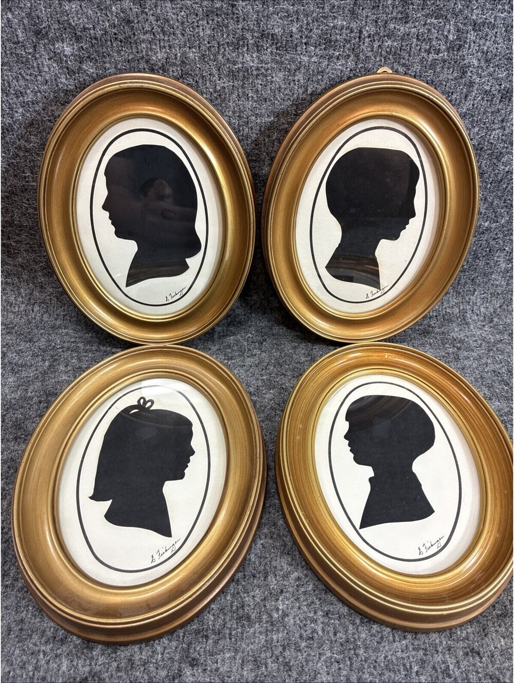 Set of 4 Vtg Signed E Eichinger Black Silhouette Oval Gold Framed Portraits Art